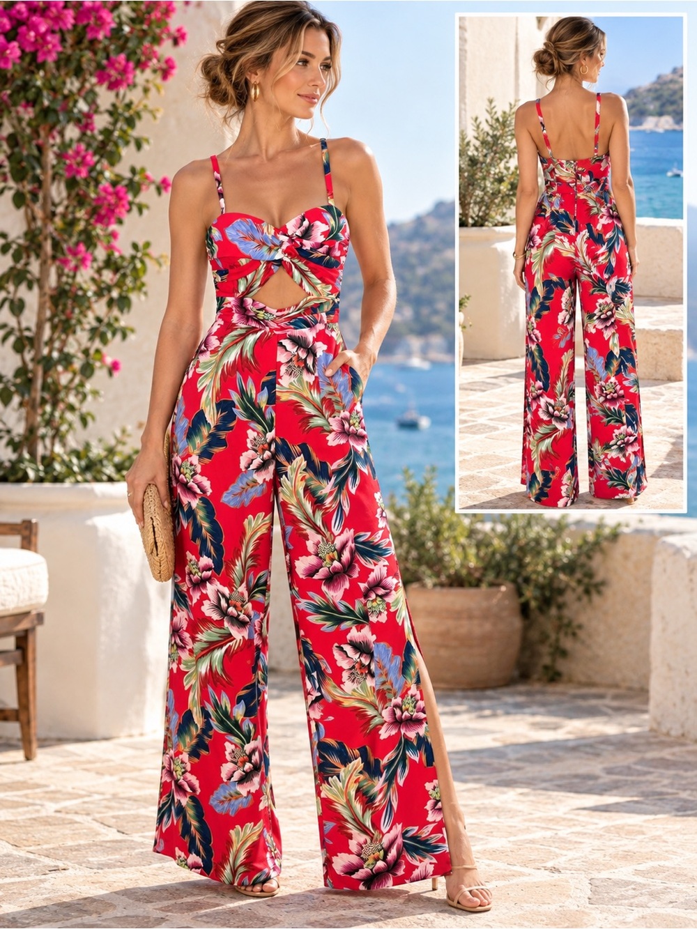 NBD X NAVEN Tilly Red Floral Cutout Wide Leg Jumpsuit Size XS Revolve $238